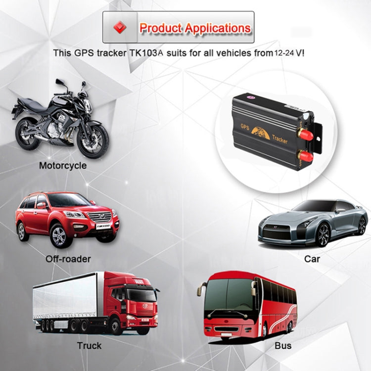 Product applications graphic showing GPS vehicle tracker use for car, truck, bus, and motorcycle