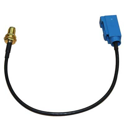 Fakra C to RP-SMA adapter cable with gold plug and blue RP-SMA female connector, black cord