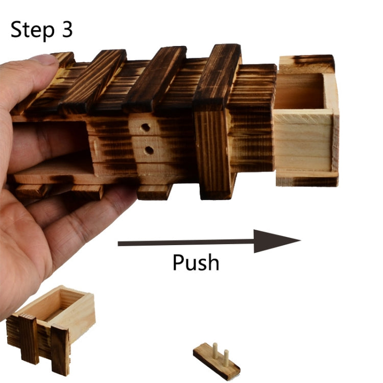 Wooden puzzle box with secret drawer, L size, hand pushing the slatted mechanism