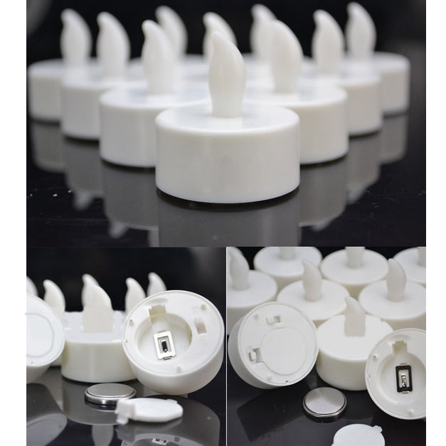 White LED tea light candles with bottoms shown, battery compartments and switches visible