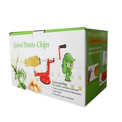 Box packaging for a red spiral potato slicer with green mascot illustration