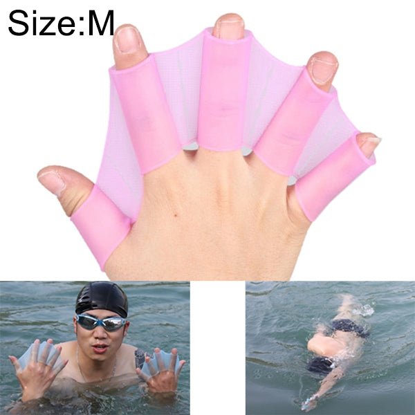 Silicone swim hand flippers with webbed fin pads, translucent pink training gloves
