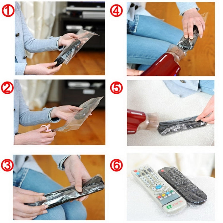 Hands applying and shrinking heat-shrink film to a remote in step-by-step panels
