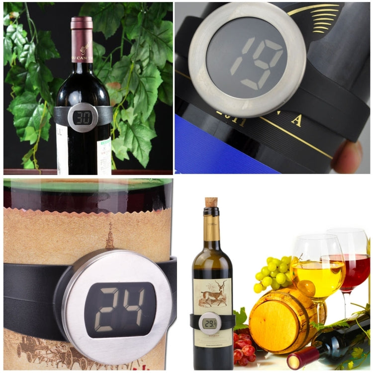 Digital LCD wine bottle thermometer on bottle, black strap and silver temperature screen
