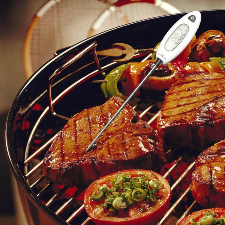 Food thermometer probe inserted in meat on grill with LCD temperature display