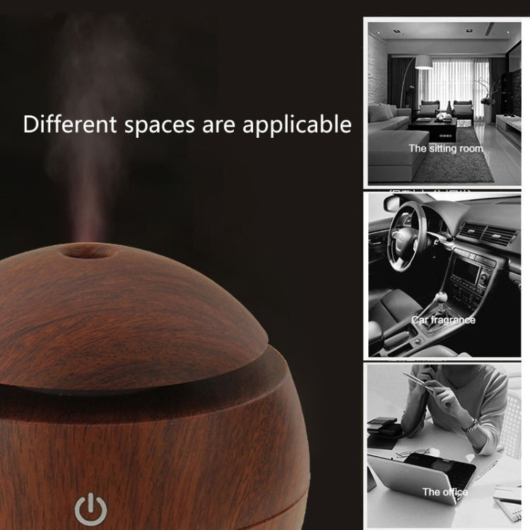 Wood-texture ultrasonic aroma humidifier with domed top and power button icon