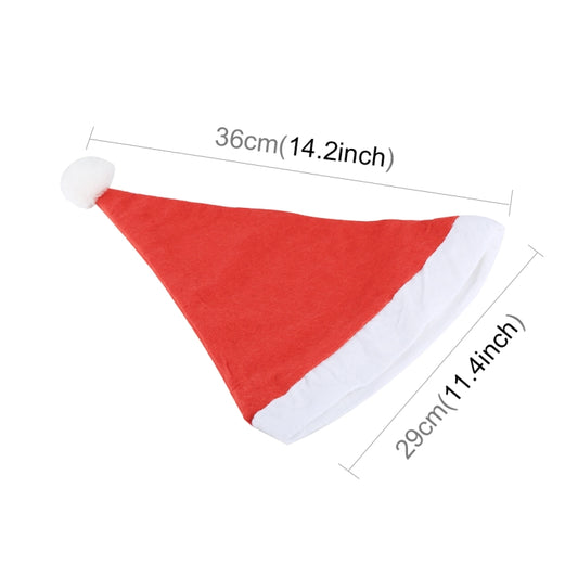 Santa hat with white hem and pom; size shown as 36 cm by 29 cm.