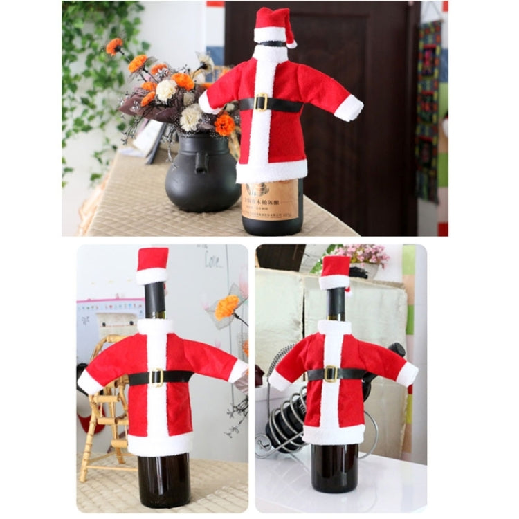 Plush Santa wine bottle bag decoration on bottles, red coat with white trim