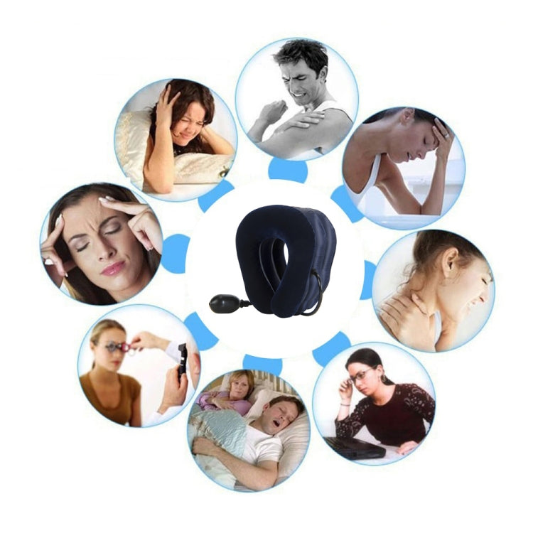 Dark blue inflatable neck traction device with circular comfort and relief icons