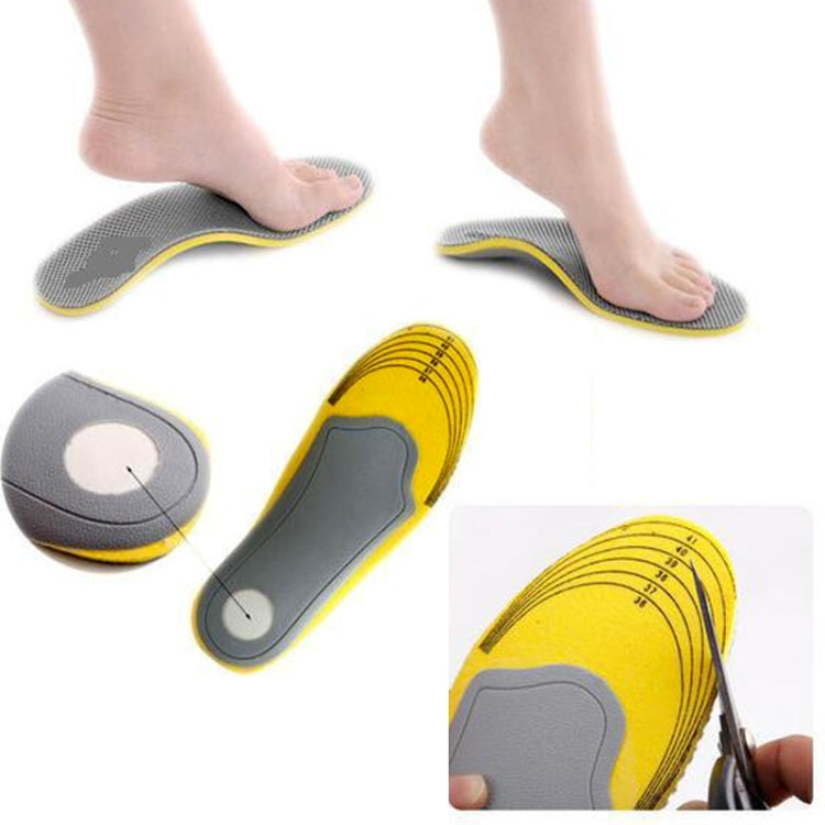 Arch support shoe insoles on bare feet, plus inset showing gray pad under yellow base