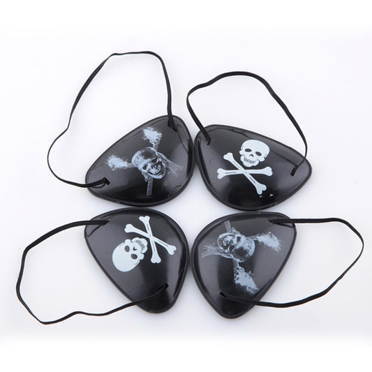 Four black pirate eye patches with assorted white skull and bone graphic patterns.