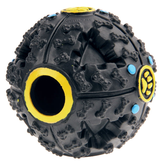 Black rubber chew ball toy with large yellow-ring opening and blue dot accents