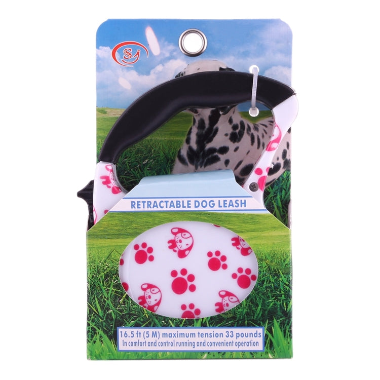 Pink paw-print retractable dog leash blister pack with black handle