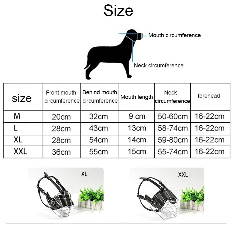 Dog muzzle size chart for XL and XXL wire and leather muzzle with strap fittings