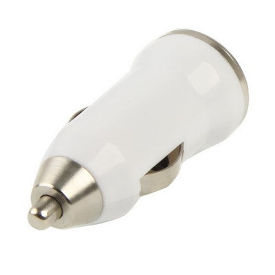 White USB car charger with metal end contact pin and side opening