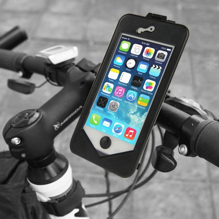 Black bicycle phone case holder with clear touch screen window on handlebars