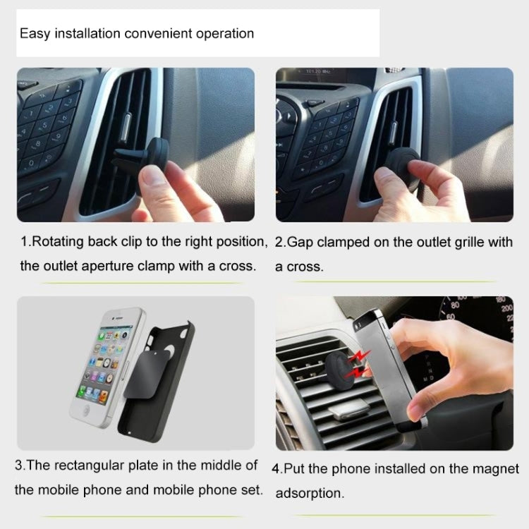 Air vent mount clip securing a phone to car outlet grille using magnetic plate