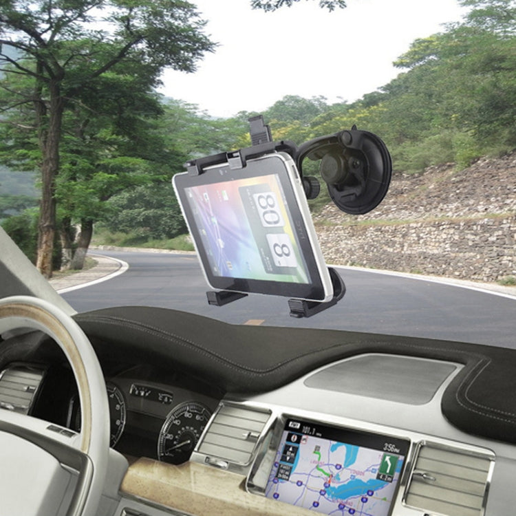 Black car tablet mount holder installed on dashboard with screen cradle