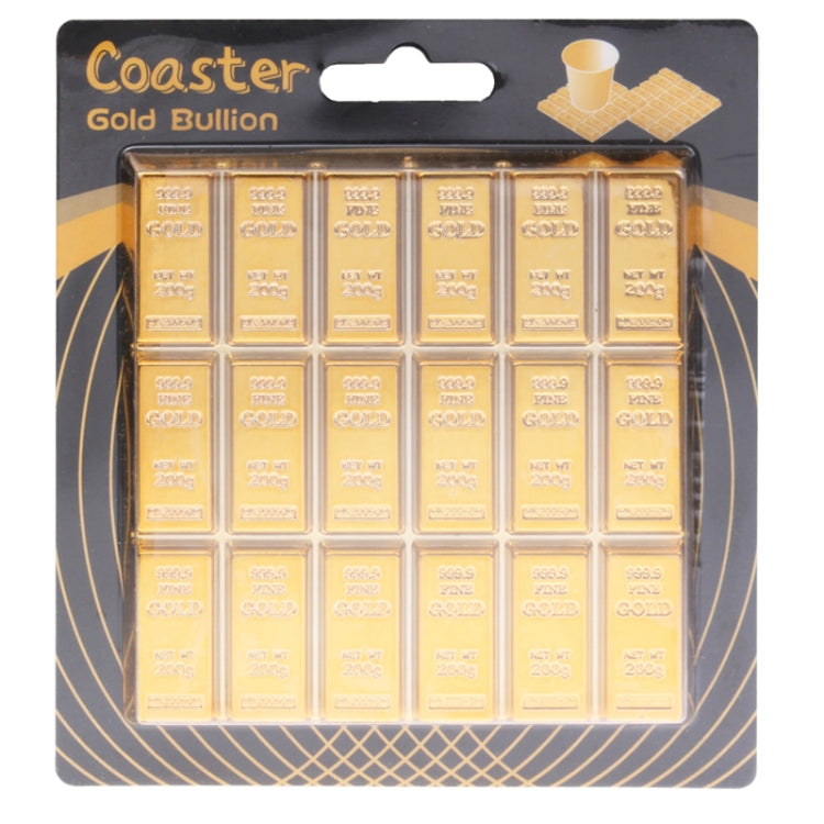 Retail package showing gold bar shaped coaster/heat insulation mat set