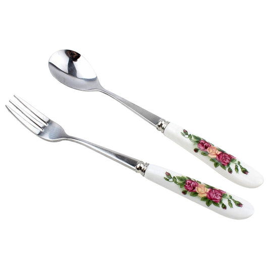 Ceramic Handle Stainless Steel Spoon + Fork Set
