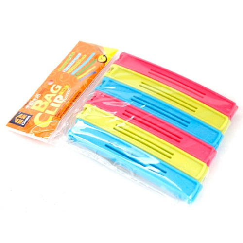 Pack of six plastic food bag sealing clips in bright colors