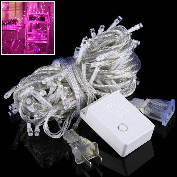 100-LED string lights with end controller, pink-purple glow, clear wire and plugs