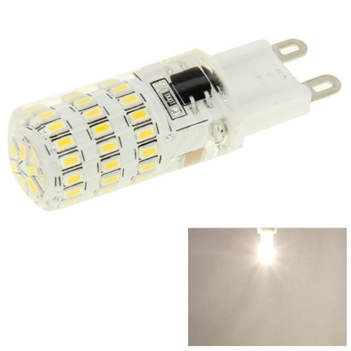 Warm white LED corn bulb with G9 bi-pin base and 45 SMD LED chips, lit glow inset
