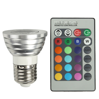 RGB LED flash E27 bulb with silver finish and remote controller showing color buttons