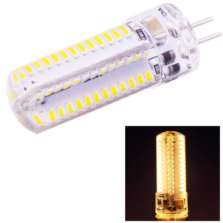 Clear G4 LED bulb with two pins, visible SMD LEDs and warm white glow
