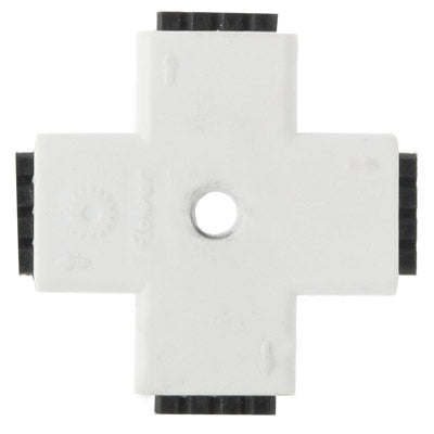 White 4-way RGB LED strip connector with circular hole and 4-pin contacts