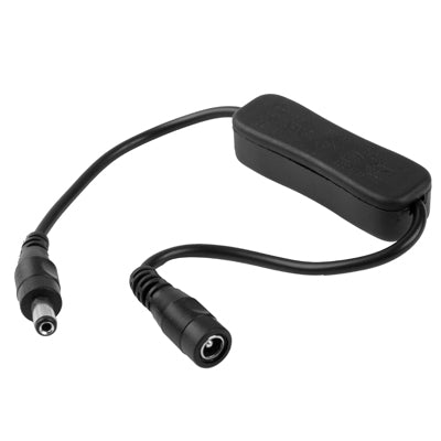 DC power extension cable with barrel plugs and inline switch, black cable, 30cm