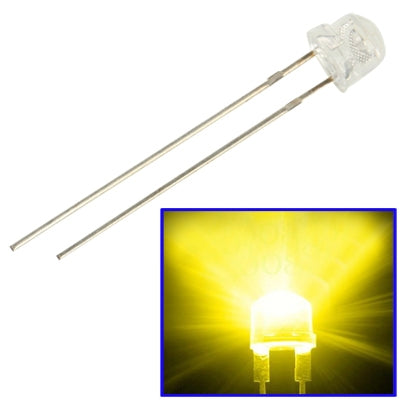Straw-hat LED lamp with two metal leads; yellow light glow inset