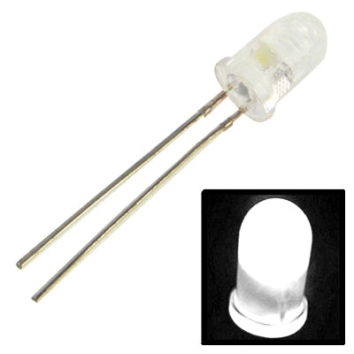 White F5 clear LED diode with two metal leads, glowing white