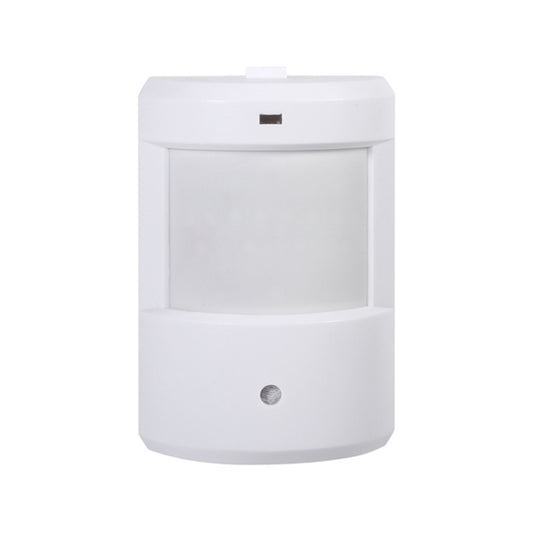 Wireless PIR motion sensor alarm detector, white curved unit, front view.