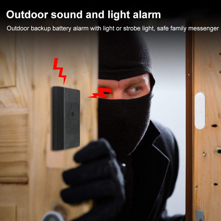 Black outdoor sound and light alarm device mounted on a door