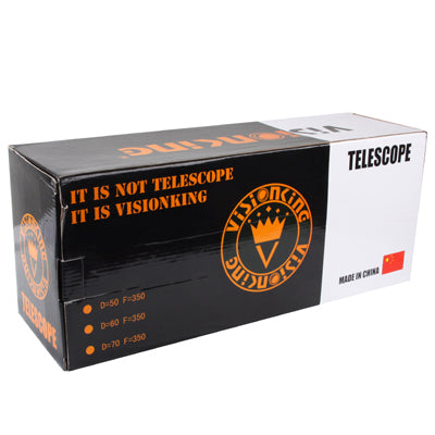 Telescope cardboard box with orange graphics and printed TELESCOPE text