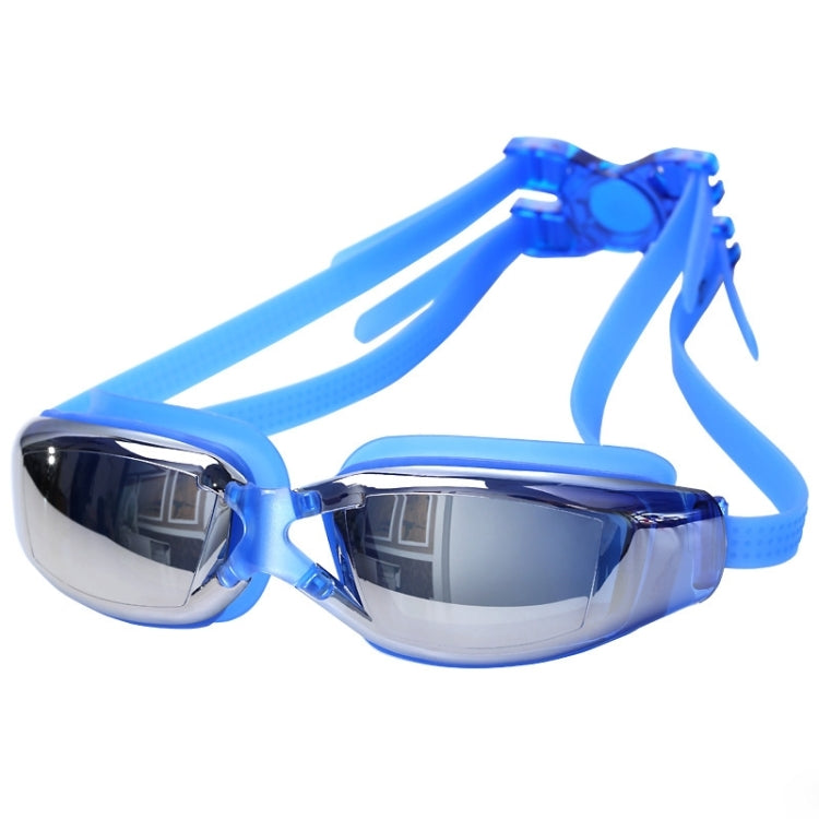 Blue swim goggles with clear frame and dark mirrored lenses, front side view.