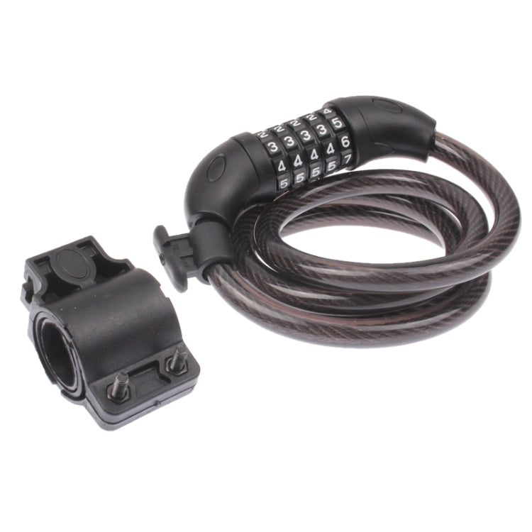 Bicycle steel wire combination lock with 5-digit dial, gray braided cable and black mounting bracket