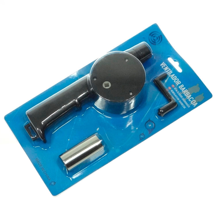 Manual air blower in blue blister pack, showing metal nozzle and crank handle