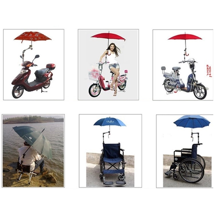 Illustrations of umbrella bracket mount on bikes, showing adjustable pole positions