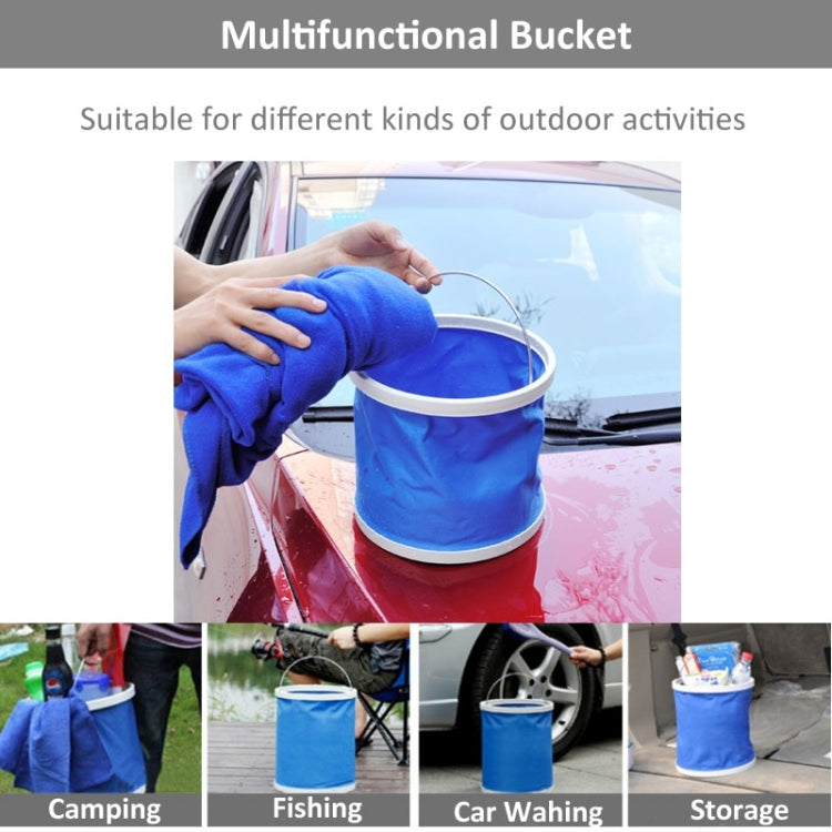 Blue foldable bucket being carried with gray rim; collapsible design