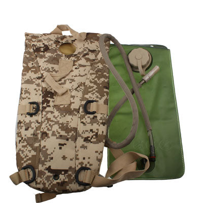 Camo nylon waterbag backpack with green reservoir and hydration hose tube