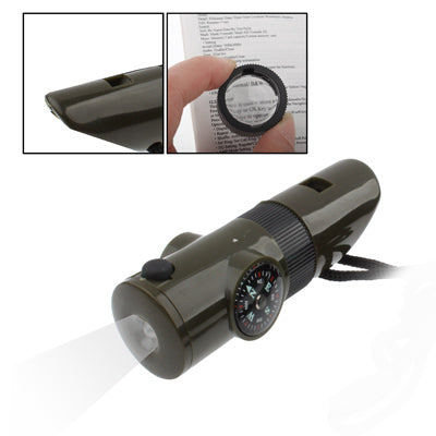 7-in-1 survival whistle tool with compass dial and thermometer display, dark olive body