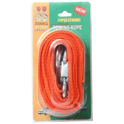 Orange towing rope set on retail card with metal hooks