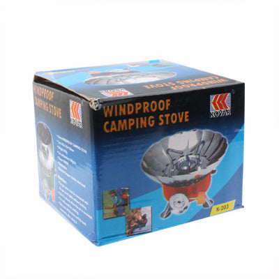 Windproof camping stove retail box with stove illustration and K-203 label