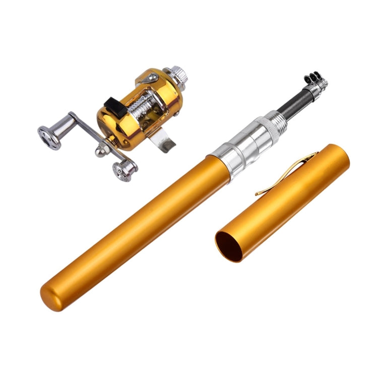 Gold pen-style fishing rod with reel and open storage tube, two-piece view
