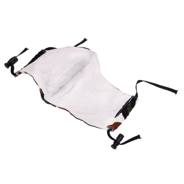Camouflage cotton protective mask with tie closures and folded white interior