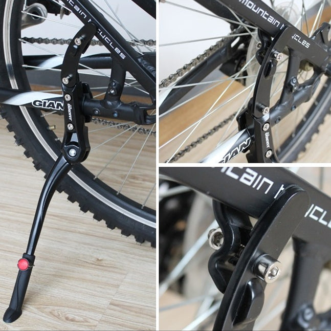 Black side kickstand mounting bracket and pivot bolts on a mountain bike frame