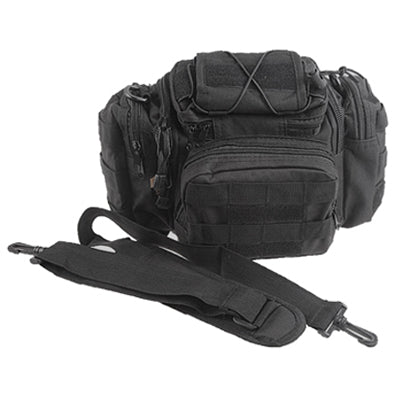 Black tactical camera bag with side carry straps, MOLLE front panel, and shoulder strap