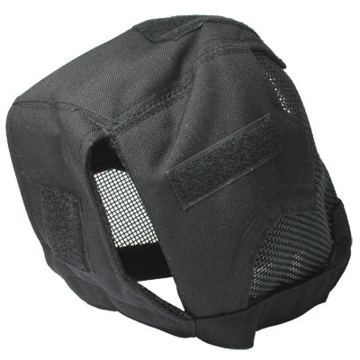 Black fencing wire guard mask with front mesh opening and padded side plates